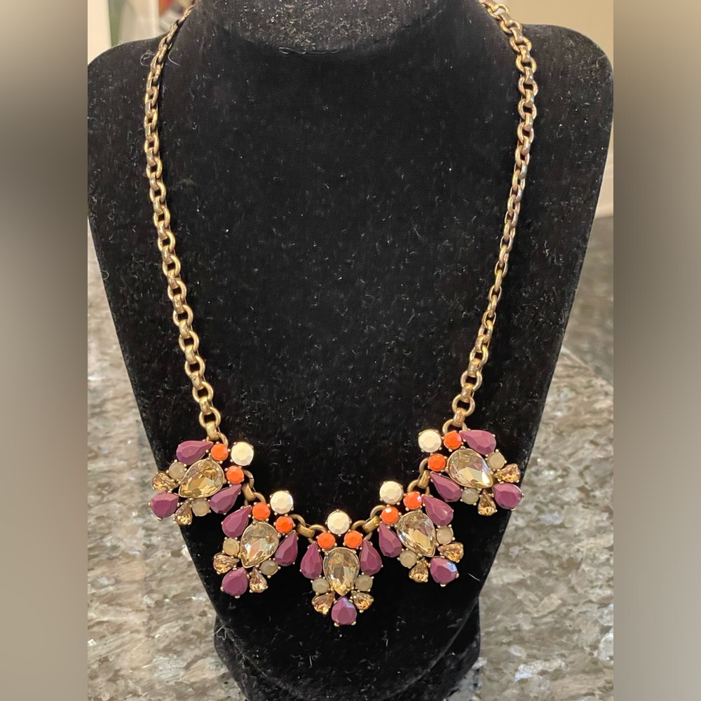 2 J. Crew necklaces chunky, purple blue gold tone colorful classic jewelry